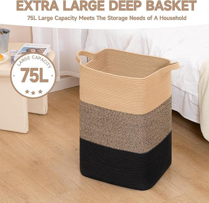CLHMILY&Z 75L Laundry Basket Rectangular Black Jute Rope - Image 4