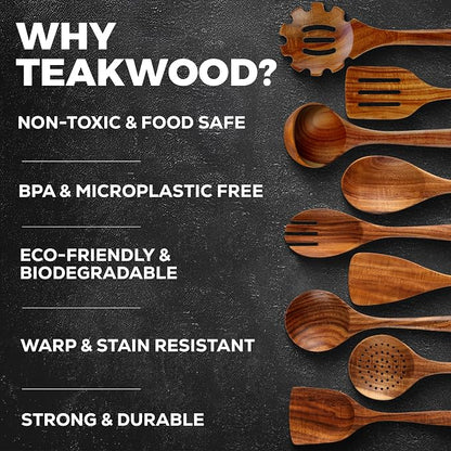 Zulay Kitchen 9-Piece Teak Wood Cooking Utensil Set – Non-Toxic & Non-Stick - Image 4