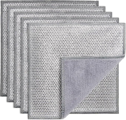 2 in 1 Stainless Steel Scrubber & Microfiber Cleaning Cloth, 5 Pack Towel & by PIPUHA