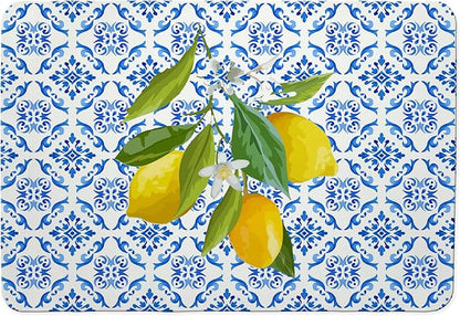 Blue and White Floral Lemon Dish Drying Mat, Mediterranean Tiles Coffee Bar Mat by Unknown