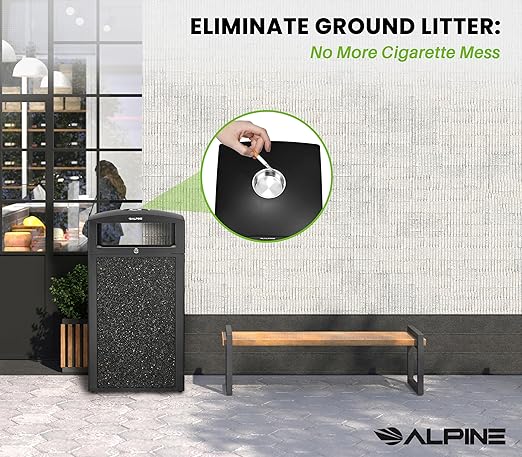 Alpine Outdoor Commercial Trash Can with Lid - 40 Gallon Heavy Duty Metal Garbage Can with Removable Bin, Locking Lid for a Modern Look in Park, Mall & High Traffic Areas-Grey Stone Panels (With Tray)