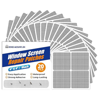 KING MOUNTAIN 20 Sheets Black Window Screen Repair Patches, 4×4 in Window by ForABetterHomeLife