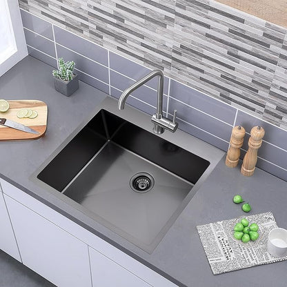 Comllen 25 x 22 Inch Drop In Black Kitchen Sink,Topmount 16 Gauge Stainless Steel Black Kitchen Sinks, 9 Inch Deep Utility RV Sink with Dish Grid and Basket Strainer