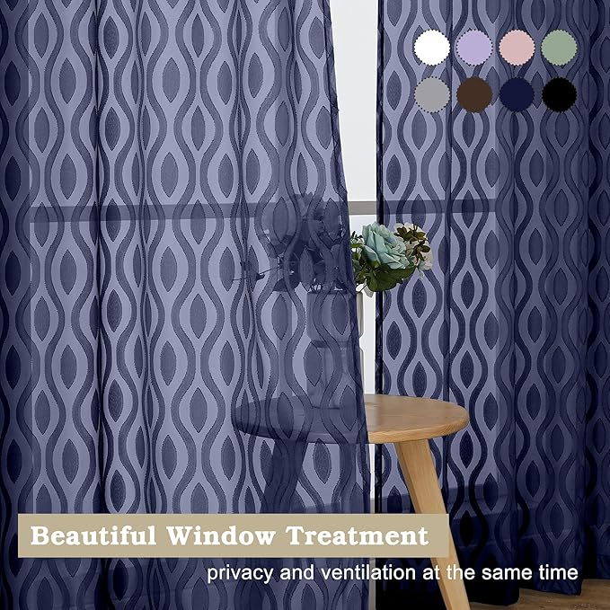 Aiyufeng Extra Long Sheer Curtains 96 Inches Long for Bedroom 2 Panels Set, Modern Light Filtering Wavy Line Clip Jacquard See Through Curtains for Bedroom Living Room, Navy Blue, 40" Wx96 L Inches