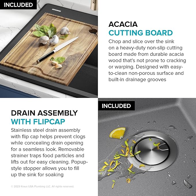 KRAUS Bellucci 25-inch Granite Workstation Drop In Top Mount Single Bowl Kitchen Sink in Metallic Grey with Accessories, KGTW12-25MGR