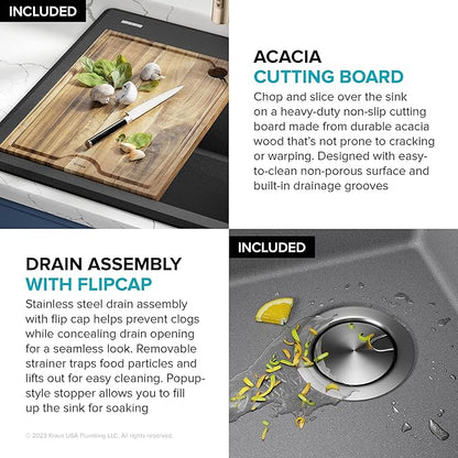 KRAUS Bellucci 25-inch Granite Workstation Drop In Top Mount Single Bowl Kitchen Sink in Metallic Grey with Accessories, KGTW12-25MGR