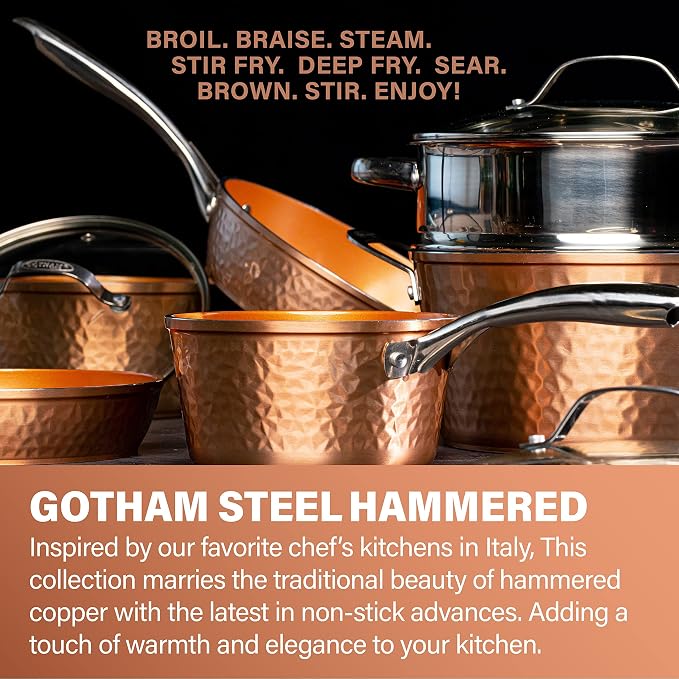 Gotham Steel Hammered Frying Pan Set, 3 Piece Nonstick Copper Fry Pans - Image 2