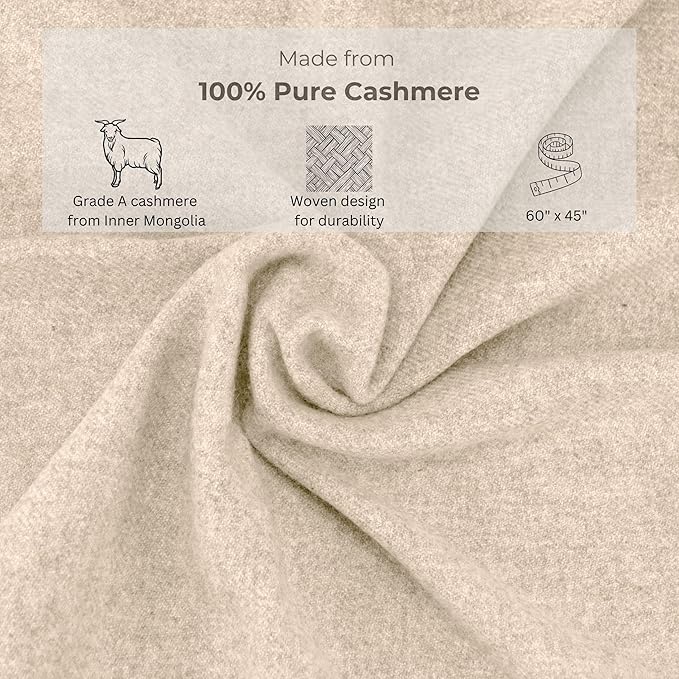 Jet&Bo 100% Pure Cashmere Travel Blanket & Storage Pouch Sand 60" x 45" in Gift Box