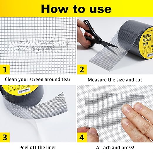 Grey Window Screen Repair Tape, 2 in X 15 FT, Screen Repair Kit for Windows or Doors, Strong Adhesive Patch Kit Fiberglass Mesh Tape