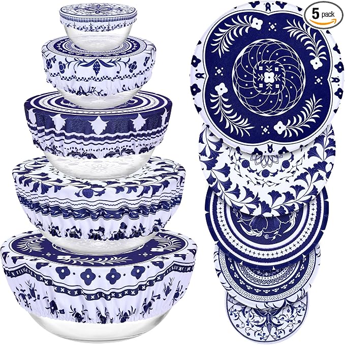 5 Pieces Bowl Covers Reusable, 5 Multi-Size Elastic Cloth Fabric Bowl Covers by Revahope