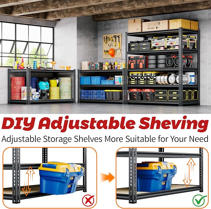 72"H Storage Shelves heavy duty, 2200LBS Garage Shelving, 5 Tier Metal Shelving - Image 6