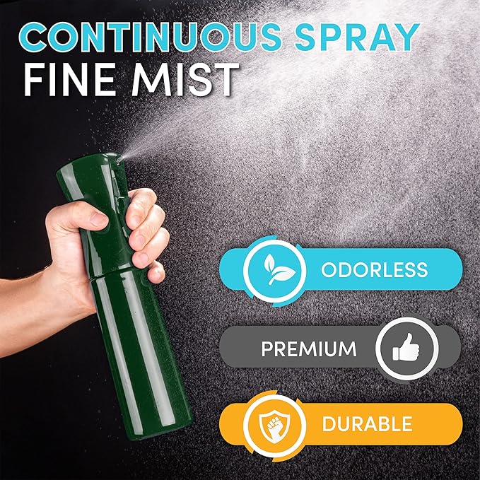 Hula Home Continuous Spray Bottle for Hair (10.1oz/300ml) Empty Ultra Fine Plastic Water Mist Sprayer – For Hairstyling, Cleaning, Salons, Plants, Essential Oil Scents & More - Green
