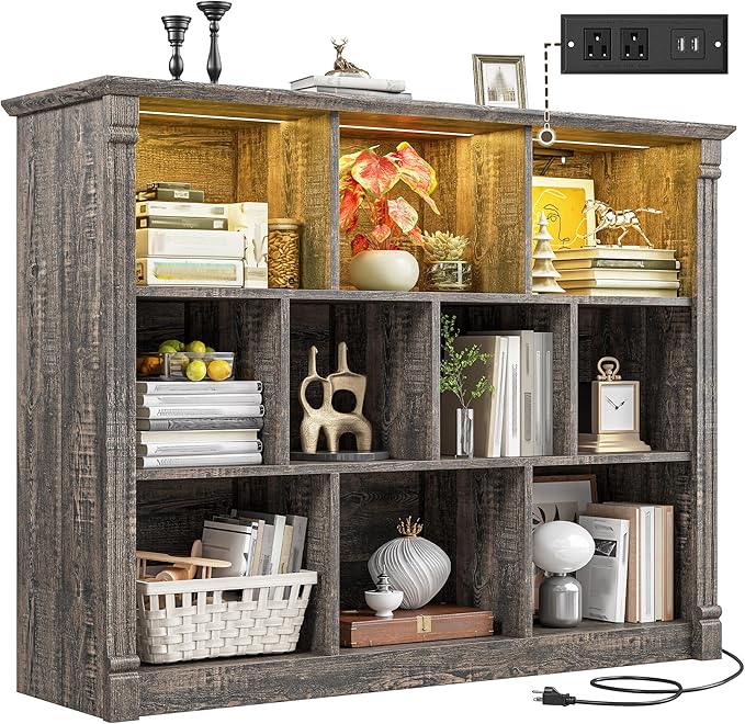 EnHomee 10 Cube Storage Organizer with LED Light and Charging Station Wood Cube Shelf Display Cabinet for Bedroom Living Room,Office,Black Oak