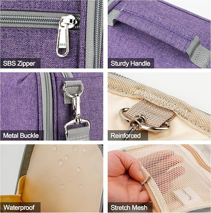 Hanging Travel Toiletry Bag for Women and Men, 6 Organizer Compartments, Extra Large Toiletries Bag, Bathroom Cosmetic Bag, Water-resistant Makeup Bag, Holds Full-Size Shampoo, Purple