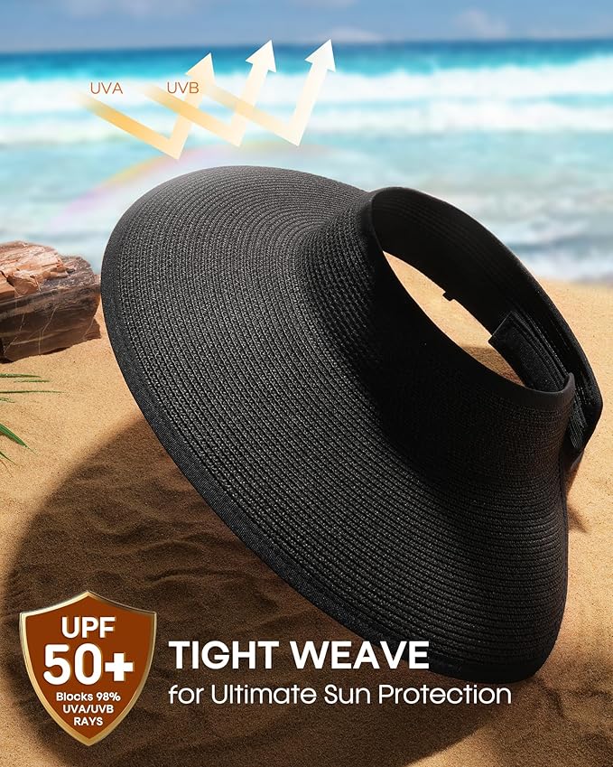 Womens Sun Visor Hats Wide Brim Straw Beach Hat UV Protection Ponytail Packable Beach Vacation Essentials