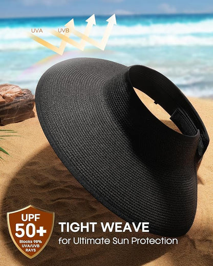 Womens Sun Visor Hats Wide Brim Straw Beach Hat UV Protection Ponytail Packable Beach Vacation Essentials