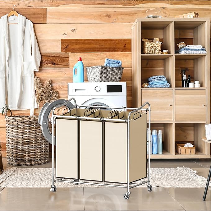 Simple Houseware Heavy-Duty 3-Bag Laundry Sorter Cart, Chrome