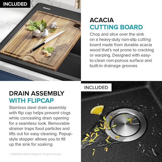 KRAUS Bellucci 25-inch Granite Workstation Drop In Top Mount Single Bowl Kitchen Sink in Metallic Black with Accessories, KGTW12-25MBL