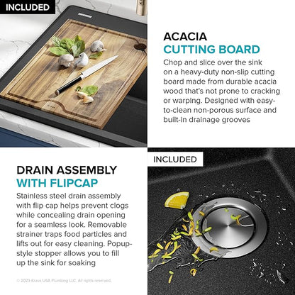 KRAUS Bellucci 25-inch Granite Workstation Drop In Top Mount Single Bowl Kitchen Sink in Metallic Black with Accessories, KGTW12-25MBL