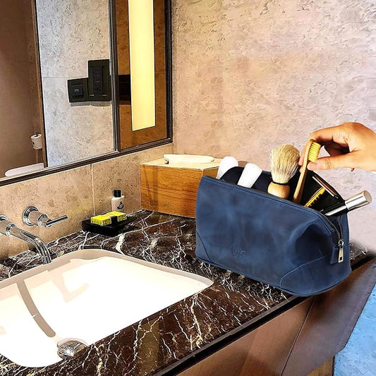 HLC Leather Toiletry Bag for Men - Best Gift for Men - Premium Genuine Leather Dopp Kit Shaving Kit Organizer Travel Kit Pouch Bag for Men - Large Size (blue)