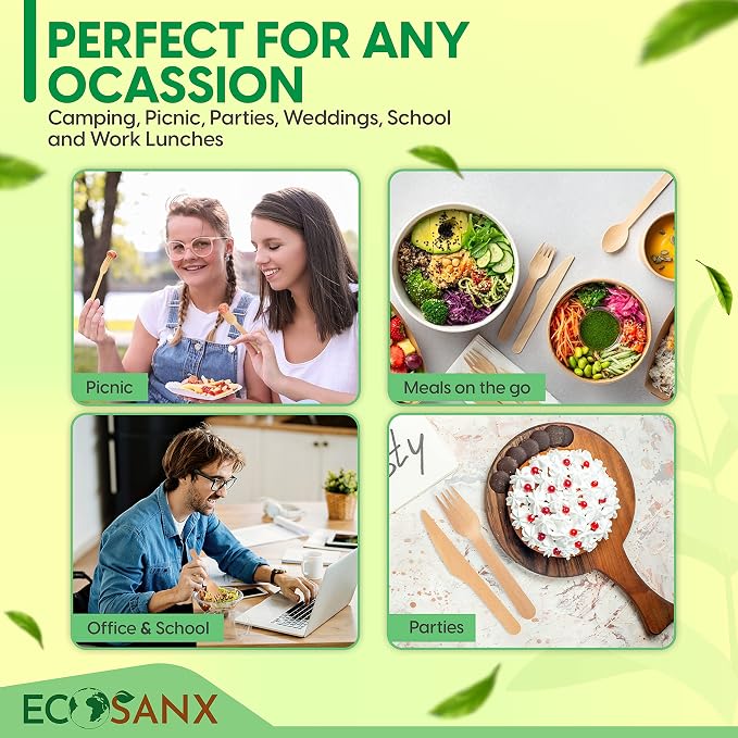 ECOSANX® 120 PCs Disposable Wooden Cutlery set 6.5" Splinter Free Compostable - Image 7