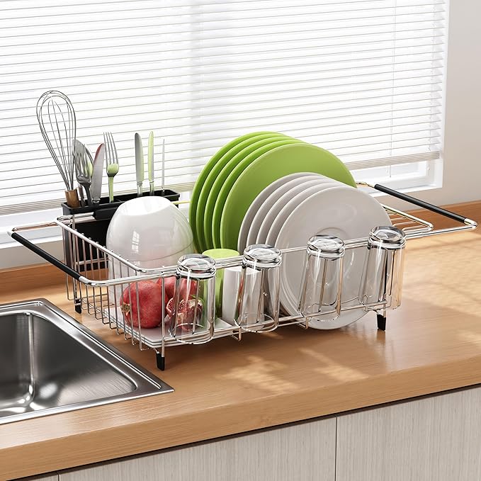 JASIWAY Dish Drying Rack in Sink, Expandable Stainless Steel Dish Drainers for Kitchen Counter, Dish Dryer Rack for Inside Sink, Over The Sink Dish Racks with Utensil Holder, Silver