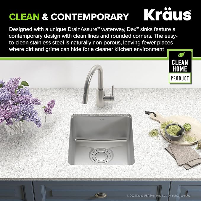 KRAUS Dex 17-Inch Undermount Single Bowl TRU16 Gauge Stainless Steel Kitchen Bar Sink with DrainAssure WaterWay and VersiDrain Assembly in Radiant Pearl Finish, KD1US17B