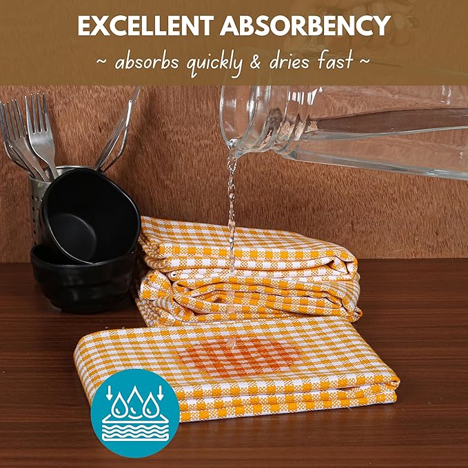 Native Fab 6 Pack Gingham Mini Check Kitchen Hand Towels Set - 100% Cotton Absorbent Reusable Washable 16"x26" - Quick Drying Dish Towels with Hanging Loops for Kitchen, Yellow White
