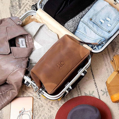 HLC Leather Toiletry Bag for Men - Best Gift for Men - Premium Genuine Leather Dopp Kit Shaving Kit Organizer Travel Kit Pouch Bag for Men - Large Size (Tan)