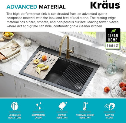KRAUS Bellucci Workstation 33" Single Bowl Granite Kitchen Sink in Metallic Black w/Accessories, KGTW2-33MBL, Includes Dish Drainer/Dish Drying Rack