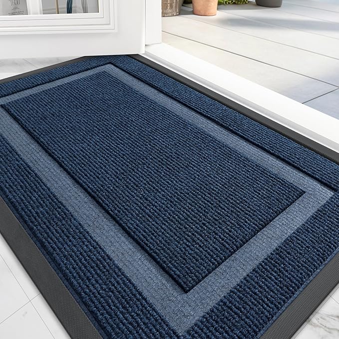 OLANLY Front Door Mat Indoor Outdoor Entrance, Waterproof All-Season, All-Weather Doormat, Sturdy Natural Rubber, Fade Resistant, Low Profile, Easy Clean Patio Porch Entryway Mat, 59x23, Blue