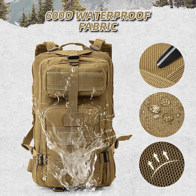 Small Military Tactical Backpack, 30L Tactical Assault Bag for Men, Army Assault Rucksack GYM Hiking Backpack Bug Out Bag Khaki