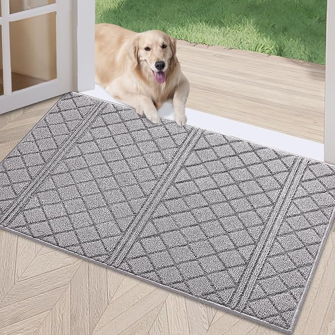 REFETONE Indoor Doormat, Front Back Door Mat 32"x48" Absorbent Rubber Backing Non Slip Door Mats, Low-Profile Resist Dirt Rugs, Machine Washable Door Rug Inside Floor Mat for Entryway, Light Grey