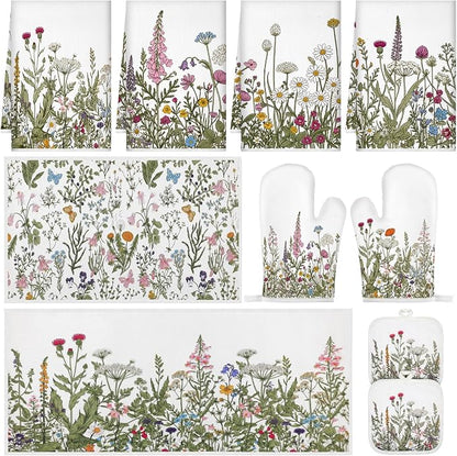 Fanfanwin 10 Pcs Wildflower Kitchen Decor Set Floral Kitchen Towels and Rugs by Fanfanwin