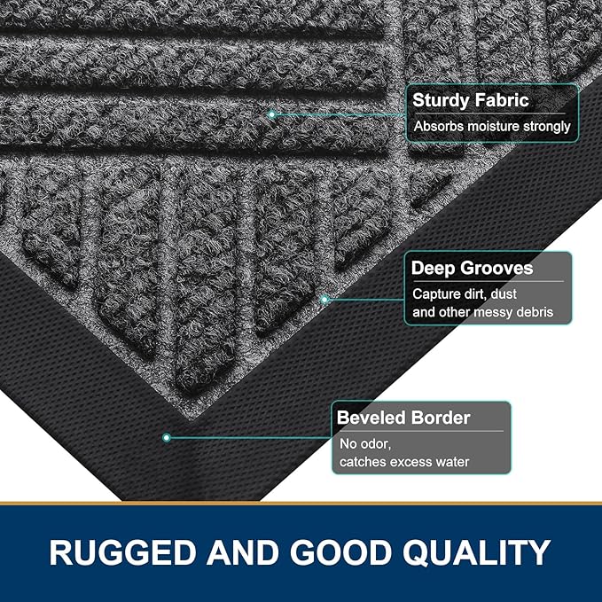Smiry Front Door Mat Outside Entrance, Heavy Duty Outdoor Indoor Mat, Natural Rubber Doormat, Non Slip, Trap Dirt and Moisture, Easy Clean, Low Profile Patio Porch Entryway Mat, 59x23, Light Grey