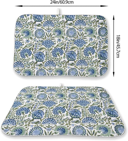 Boho Navy Blue Sage Green Dish Drying Mat 18x24 Inch Vintage Floral Drying Mat - Image 2