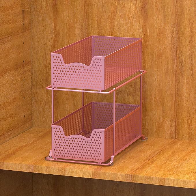 SIMPLE HOUSEWARE 2 Tier Sliding Cabinet Basket Organizer Drawer, Pink