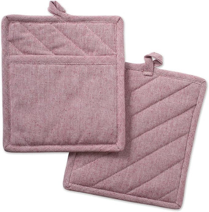 DII 100% Cotton Solid Chambray Kitchen Set, Potholders, Barn Red, 2 Piece by DII