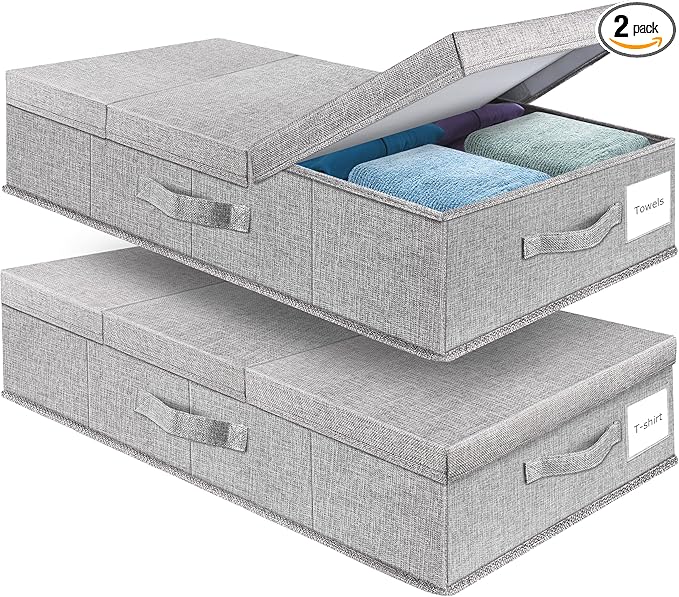 Underbed Storage Containers Bin with Lids, Large Under Bed Storage Organizer Box with Handle, Foldable Under the Storage Bags for Organizing Clothes, Shoes, Blankets, Pillows