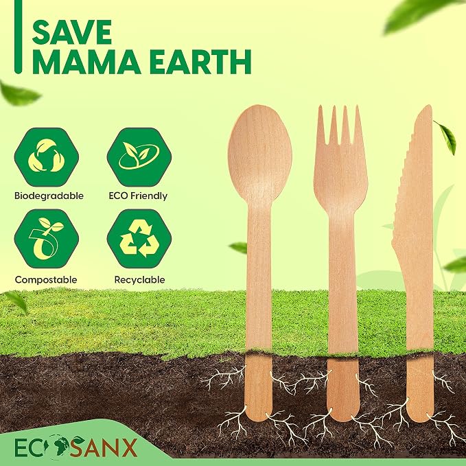 ECOSANX® 300 PCs Disposable Wooden Cutlery set 6.5" Splinter Free Compostable - Image 7