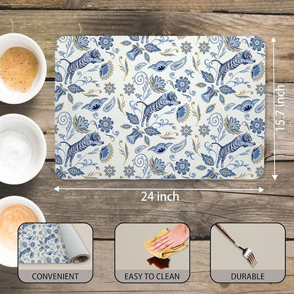 Blue and White Floral Tiger Dish Drying Mat, Chinoiserie Tiger Coffee Bar Mat - Image 3